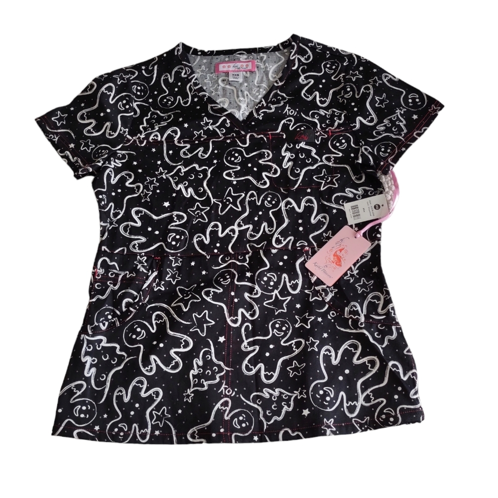 NWT Koi By Kathy Peterson Size XXS Black Metallic Gingerbread Alice Scrub Top